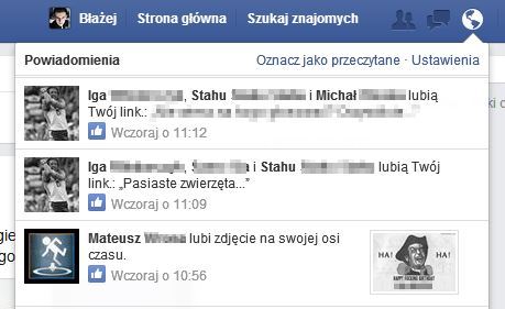 Przykładowe powiadomienia o polubieniach