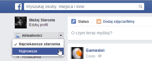 Facebook - zmiana wyświetlania aktualności w przeglądarce