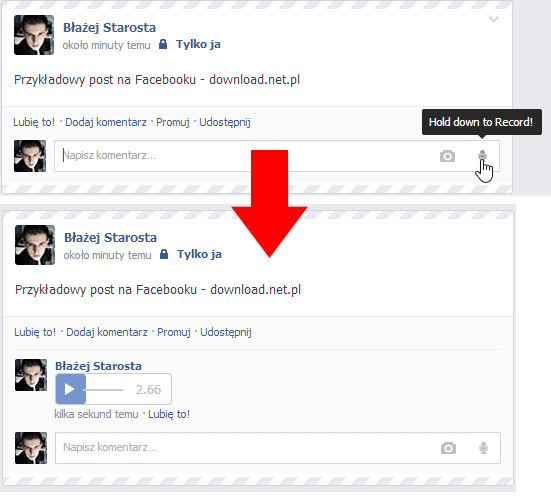 Facebook - wiadomość głosowa w komentarzu