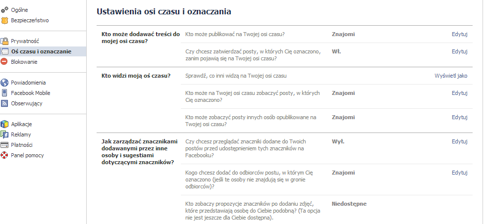 Ustawienia osi czasu i oznaczania