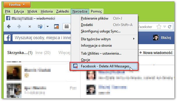 Usuwanie wiadomości z Facebooka w Firefoksie
