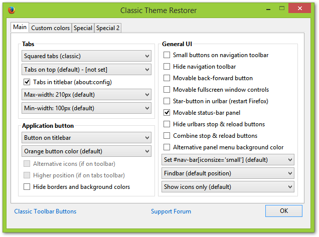 Ustawienia Classic Theme Restorer w Firefox 29