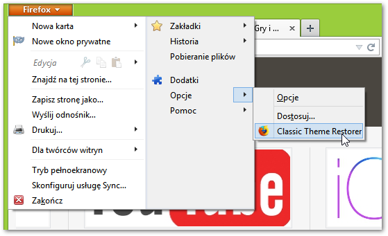 Firefox - przejście do ustawień Classic Theme Restorer