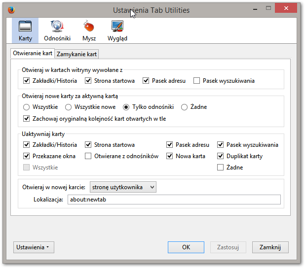 Ustawienia Tab Utilities w Firefox