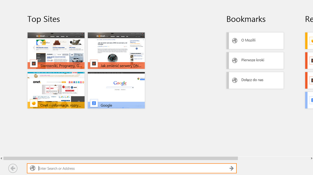Firefox dla Windows 8 - ekran startowy