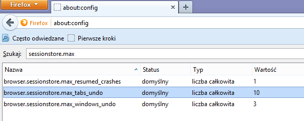 Edycja ustawień przywracania kart w Firefoksie
