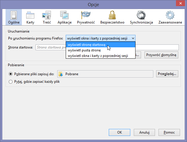 Opcje Firefoksa - zmiana zachowania przeglądarki po uruchomieniu