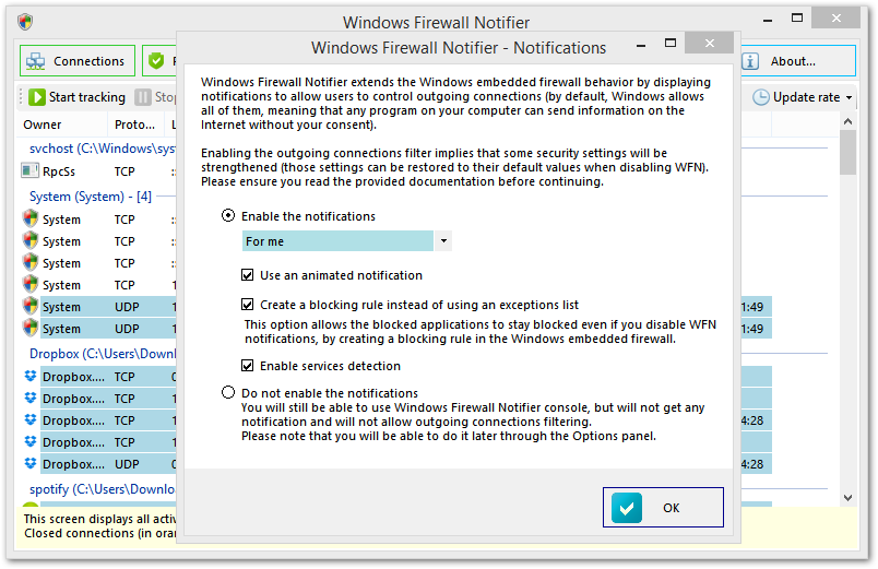 Potwierdzenie konfiguracji Windows Firewall Notifier