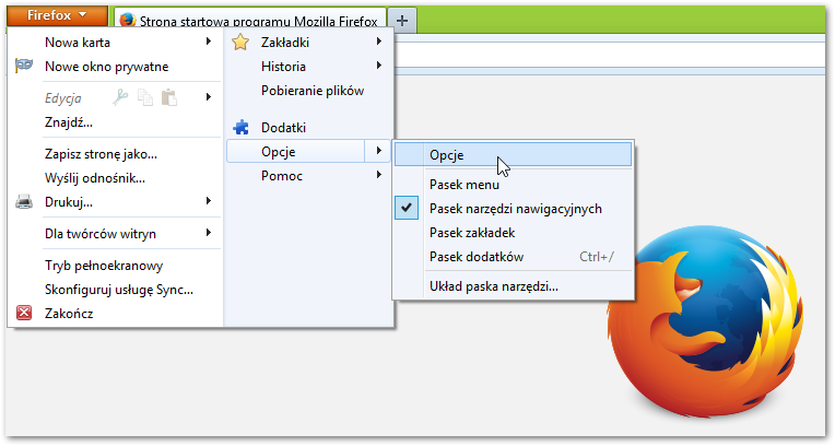 Firefox - przechodzenie do opcji