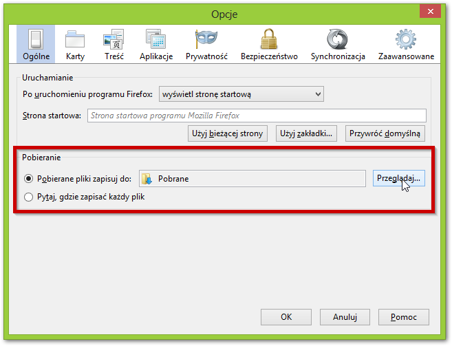 Zmiana folderu pobierania w Firefox