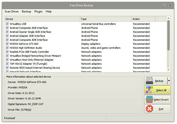 Free Driver Backup - główne okno programu