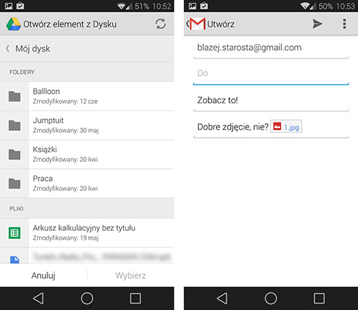 Gmail 4.9 - wybór pliku z Dysku Google