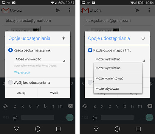 Gmail 4.9 - opcje udostępniania przy wysyłaniu pliku z Dysku Google