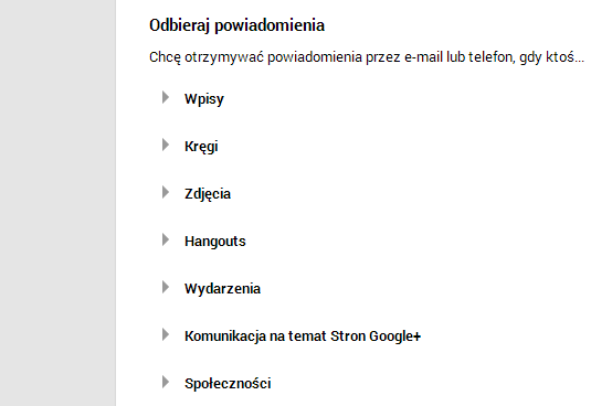 Kategorie powiadomień w Google+
