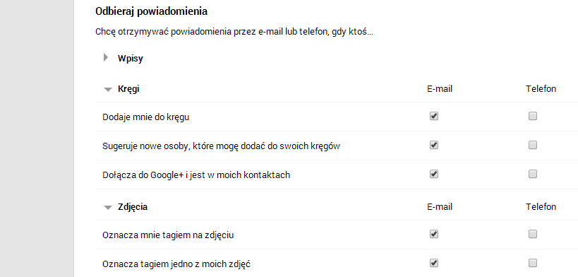 Wyłączanie poszczególnych powiadomień w Google+