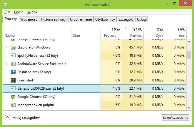 Genesis na liście procesów w Menedżerze zadań
