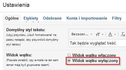 Wyłączanie widoku wątkowego w Gmailu