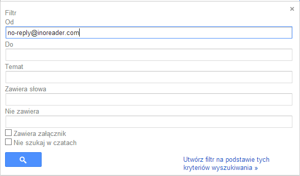 Gmail - ustawianie filtru dla InoReader