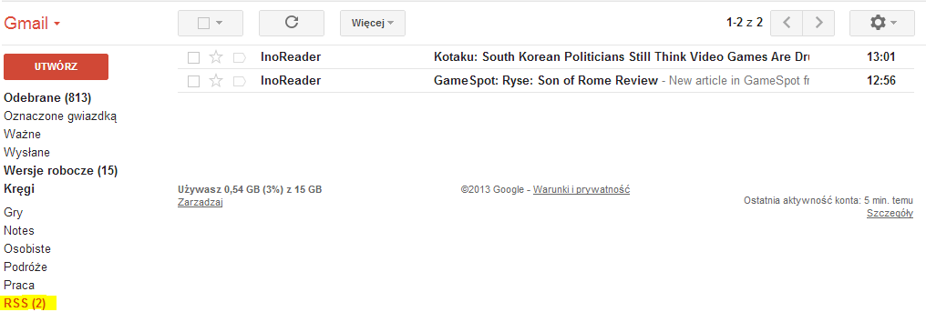 Folder RSS z subskrypcjami na Gmailu