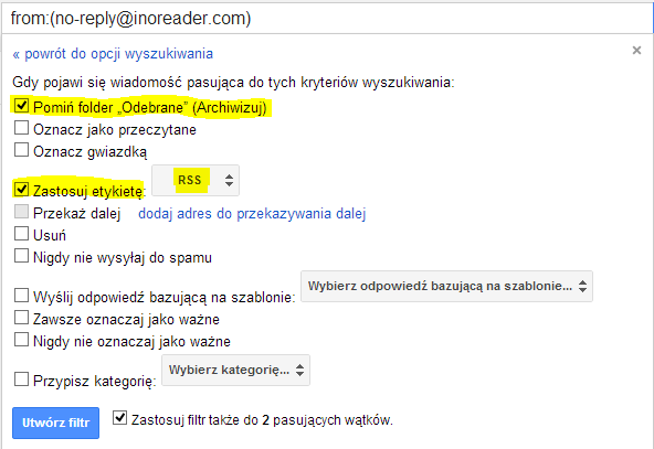 Gmail - wybór opcji dla filtru