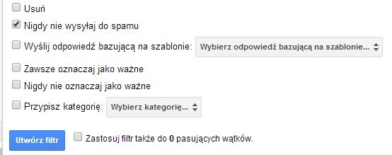 Tworzenie filtru, który zapobiega wysyłaniu wiadomości do Spamu