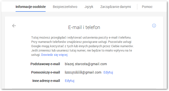 Konfiguracja pomocniczego adresu e-mail