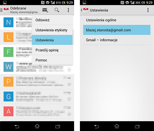 Gmail - przejście do ustawień konta na Androidzie