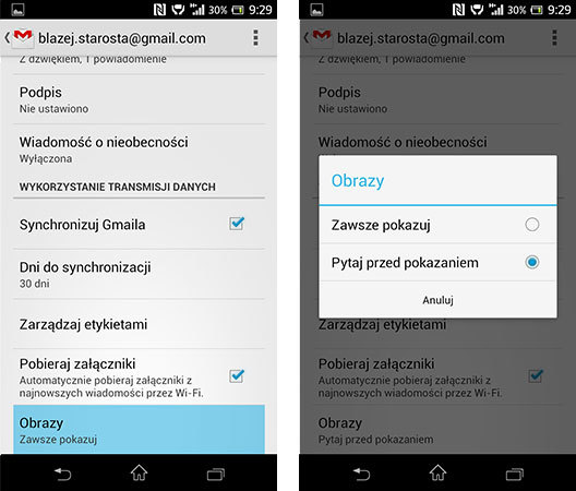 Gmail - wyłączenie wyświetlanie obrazów w wiadomościach na Androidzie