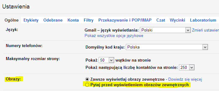 Wyłączanie automatycznego wyświetlania obrazów w Gmail