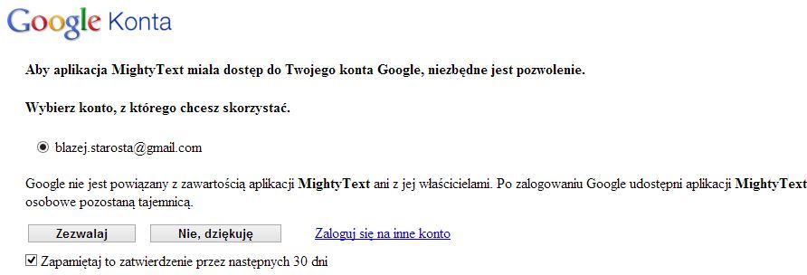  Akceptacja autoryzacji MightyText w Gmail