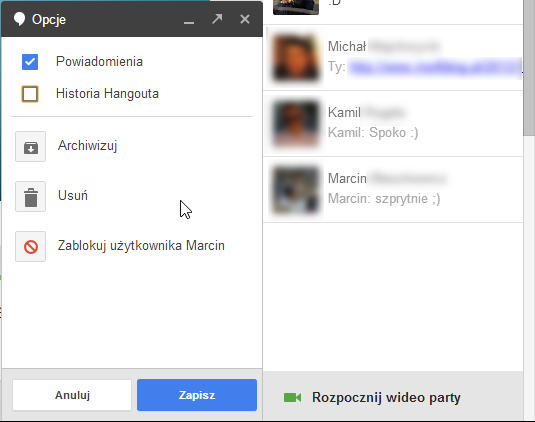 Wyłączanie historii hangouta