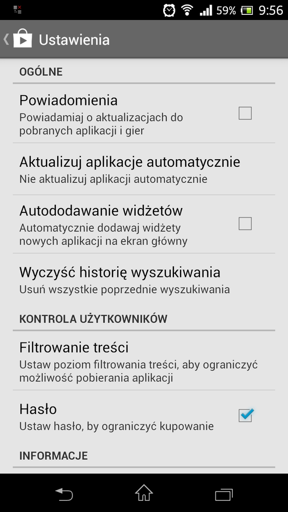 Ustawienia hasła w Sklepie Play