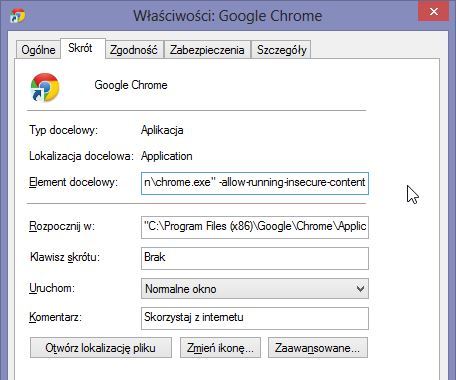 Właściwości skrótu Google Chrome