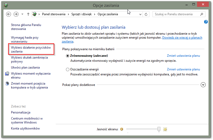 Opcje zasilania w Panelu sterowania - Windows 8.1