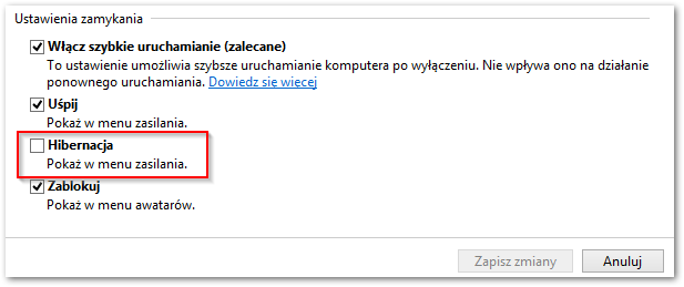 Ustawienia zamykania - aktywacja hibernacji