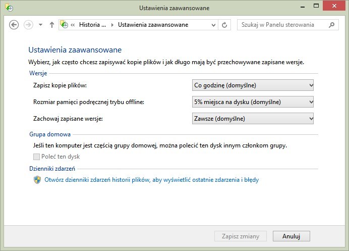 Zaawansowane ustawienia historii plików