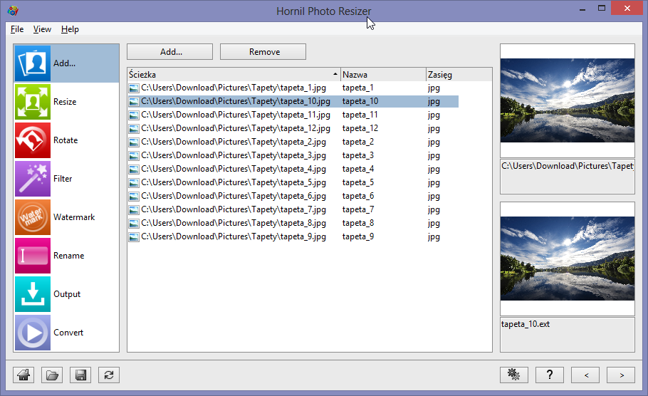 Hornil Photo Resizer - główny interfejs aplikacji