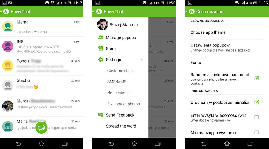 HoverChat - ekran konwersacji i opcje