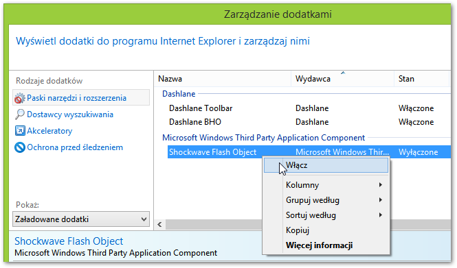 Włączanie Shockwave Flash Object w IE 11