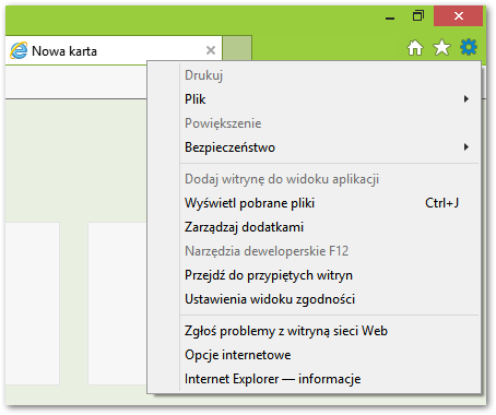 Menu w Internet Explorer