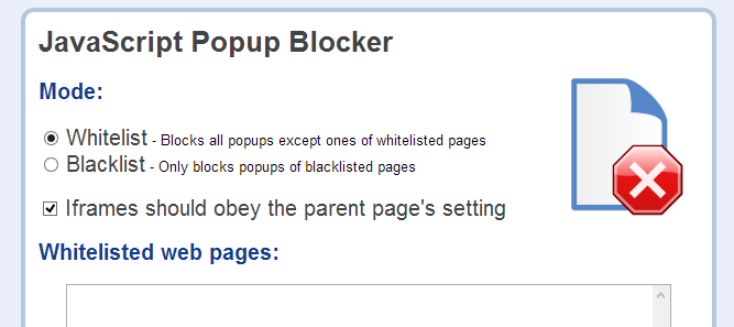 Dwa tryby działania Popup Blockera - Whitelist oraz Blacklist