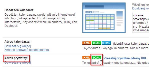 Pobranie adresu prywatnego kalendarza w formacie ICAL