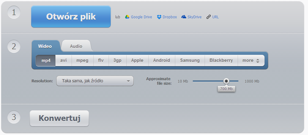Konwerter Wideo Online - interfejs serwisu