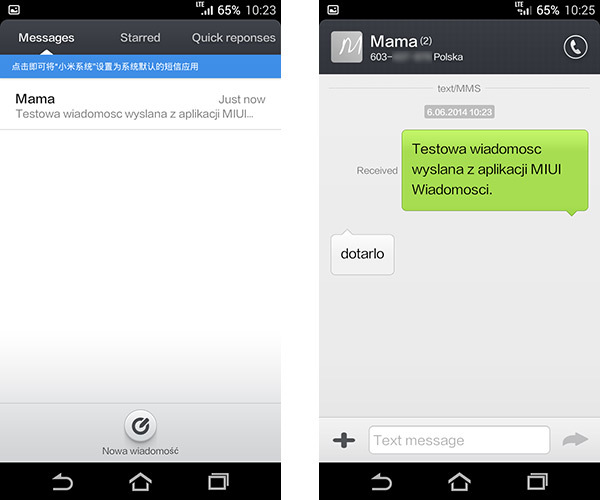 MIUI Wiadomości - lista SMS-ów i podgląd rozmowy