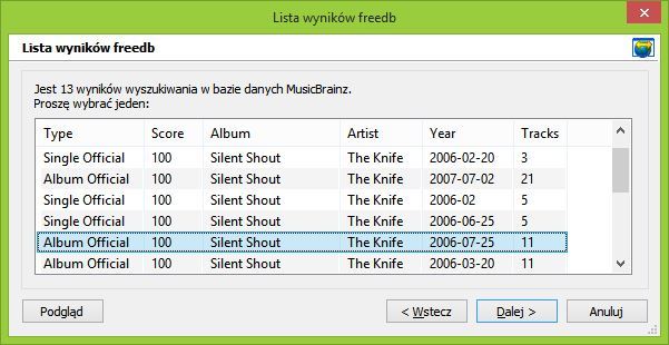 MP3Tag - wybór albumu z listy wyszukiwania