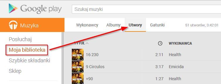 Przejście do listy wszystkich utworów w Muzyce Google Play