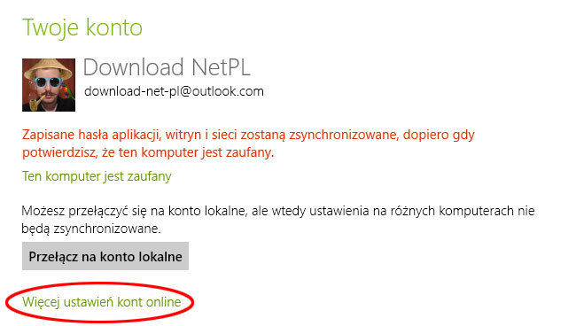 Więcej ustawień konta Microsoft