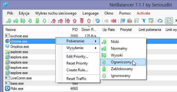 NetBalancer - ograniczanie limitu transferu