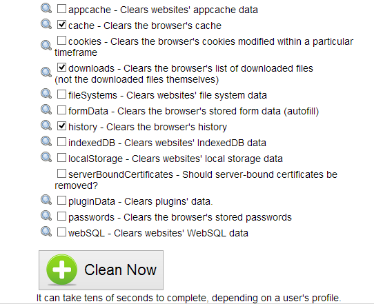 Wybór danych do usunięcia w OneClick Cleaner