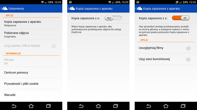 OneDrive - aktywacja kopii zapasowej z aparatu